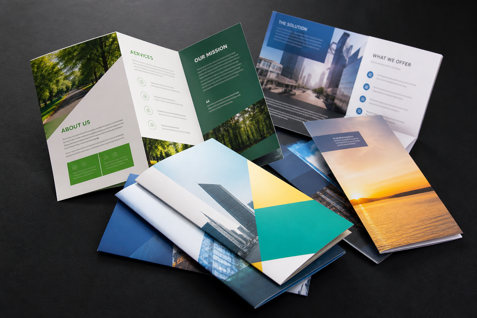 Printed marketing brochures fanned on a desk