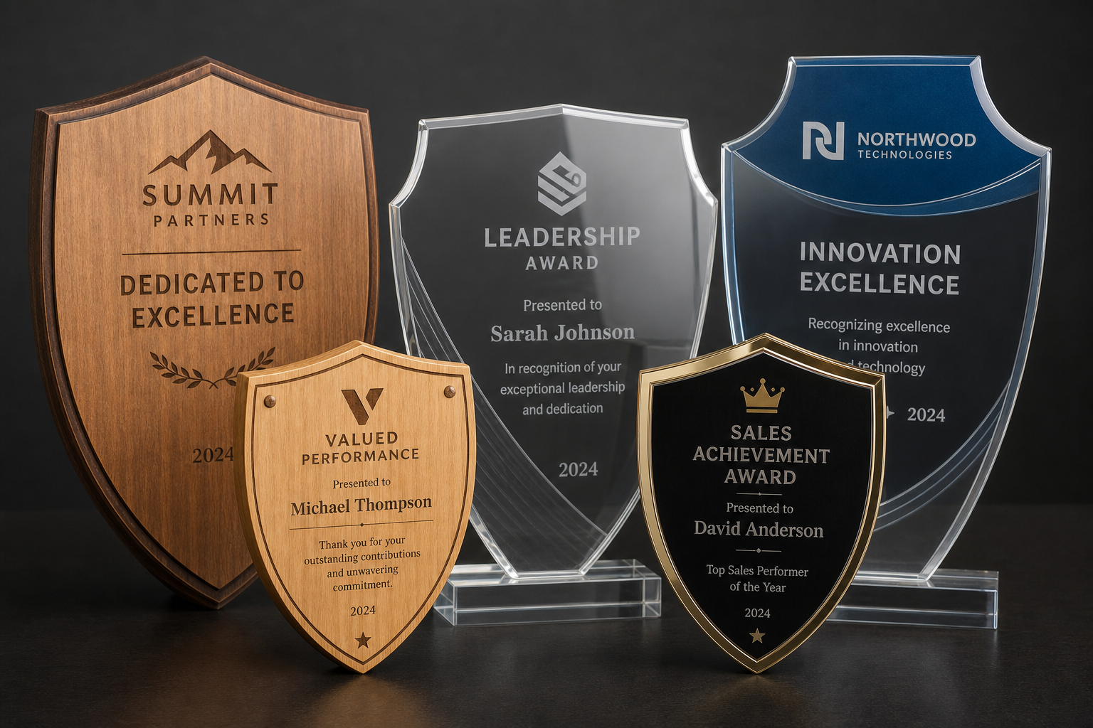 Wooden laser-engraved and acrylic award shields